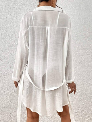Belted Slit Side Button up knee length Swimsuit Cover - Up shirt - Bsubseach