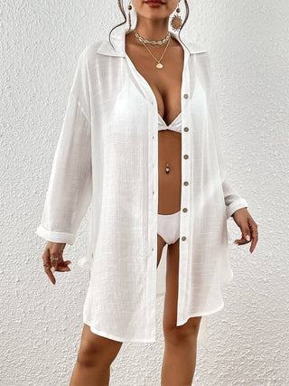 Belted Slit Side Button up knee length Swimsuit Cover - Up shirt - Bsubseach