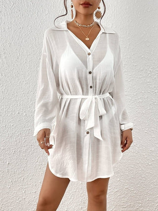 Belted Slit Side Button up knee length Swimsuit Cover - Up shirt - Bsubseach