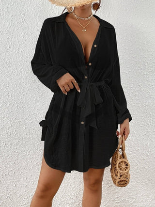 Belted Slit Side Button up knee length Swimsuit Cover - Up shirt - Bsubseach