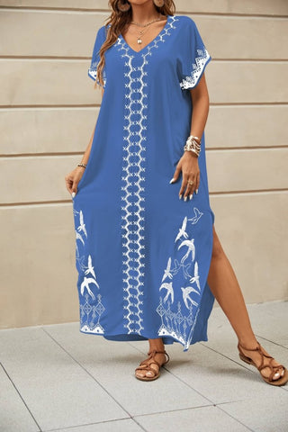 Bird Embroidery Kaftan Beach Cover Up Dress - Bsubseach