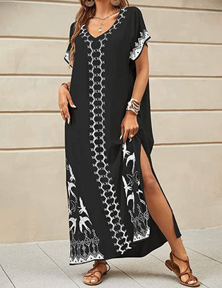 Bird Embroidery Kaftan Beach Cover Up Dress - Bsubseach