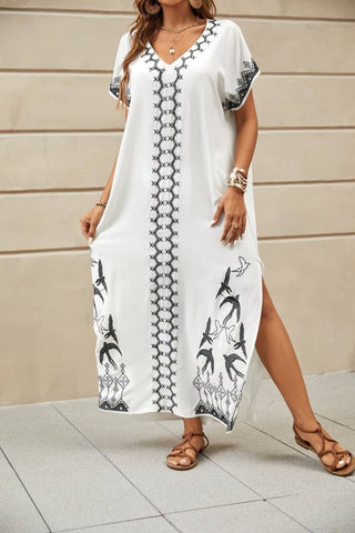 Bird Embroidery Kaftan Beach Cover Up Dress - Bsubseach