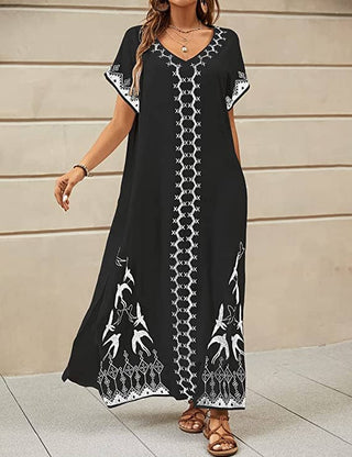 Bird Embroidery Kaftan Beach Cover Up Dress - Bsubseach