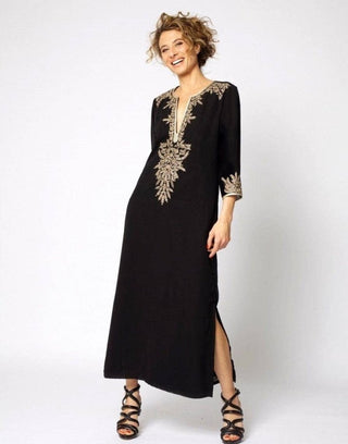 Black Embroidered Half Sleeve Kaftan Cover Up - Bsubseach