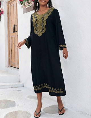 Black Embroidered Kaftan Dress Long Sleeve Coverup - Bsubseach