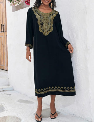 Black Embroidered Kaftan Dress Long Sleeve Coverup - Bsubseach