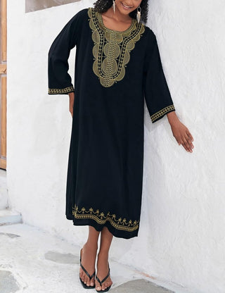 Black Embroidered Kaftan Dress Long Sleeve Coverup - Bsubseach