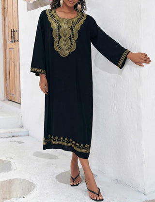 Black Embroidered Kaftan Dress Long Sleeve Coverup - Bsubseach