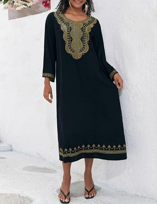 Black Embroidered Kaftan Dress Long Sleeve Coverup - Bsubseach