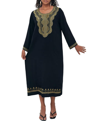 Black Embroidered Kaftan Dress Long Sleeve Coverup - Bsubseach