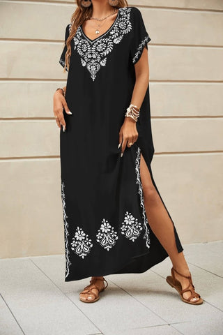 Curvy V - Neck Embroidered Kaftan - Bsubseach