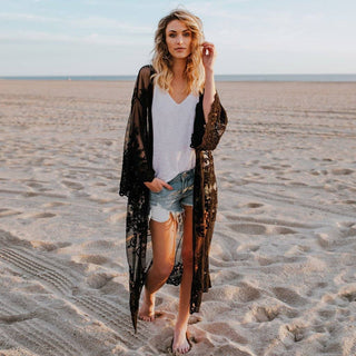 Black Lace Embroidery Kimono Beach Cardigan Bikini Cover Up - Bsubseach