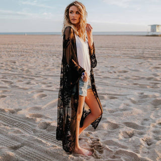 Black Lace Embroidery Kimono Beach Cardigan Bikini Cover Up - Bsubseach