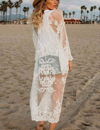 Black Lace Embroidery Kimono Beach Cardigan Bikini Cover Up - Bsubseach