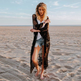 Black Lace Embroidery Kimono Beach Cardigan Bikini Cover Up - Bsubseach