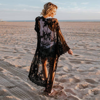 Black Lace Embroidery Kimono Beach Cardigan Bikini Cover Up - Bsubseach