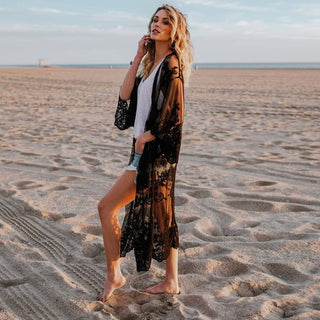 Black Lace Embroidery Kimono Beach Cardigan Bikini Cover Up - Bsubseach