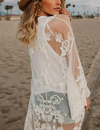 Black Lace Embroidery Kimono Beach Cardigan Bikini Cover Up - Bsubseach