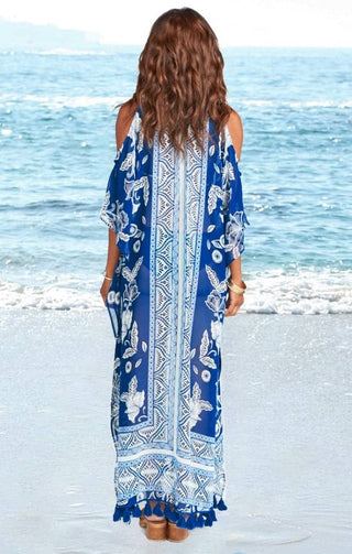 Blue Cold Shoulder Beach Cover Up - Kaftan Dresses - Bsubseach