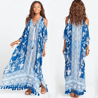 Blue Cold Shoulder Beach Cover Up - Kaftan Dresses - Bsubseach