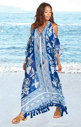 Blue Cold Shoulder Beach Cover Up - Kaftan Dresses - Bsubseach