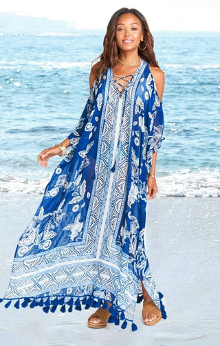 Blue Cold Shoulder Beach Cover Up - Kaftan Dresses - Bsubseach