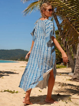 Blue Short Sleeve Beachwear Cover Up - Bsubseach