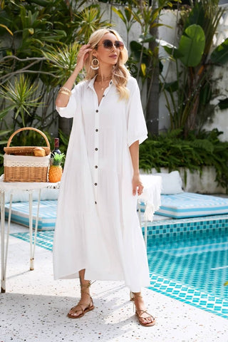 Button Down Long Sleeve Cover Up Dress - Bsubseach