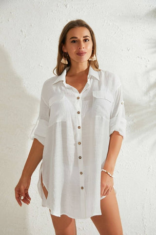 Button - Down Swimsuit Cover Up Shirt Dress - Bsubseach