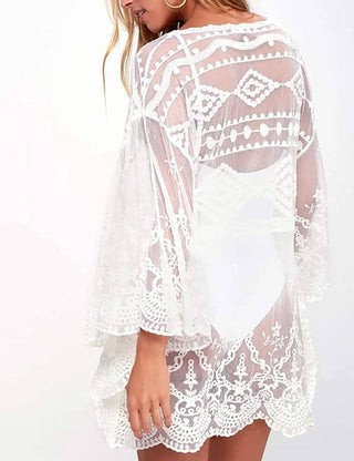 Casual V Neck Lace Mesh Beach Cover Up - Bsubseach