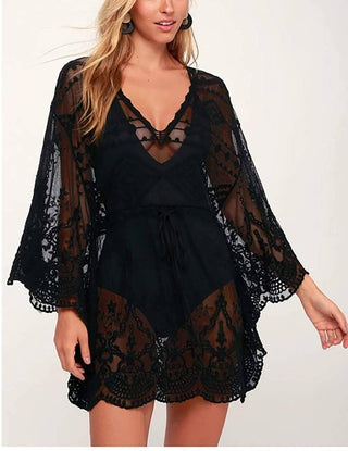 Casual V Neck Lace Mesh Beach Cover Up - Bsubseach