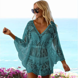 Casual V Neck Lace Mesh Beach Cover Up - Bsubseach