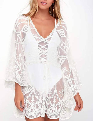 Casual V Neck Lace Mesh Beach Cover Up - Bsubseach