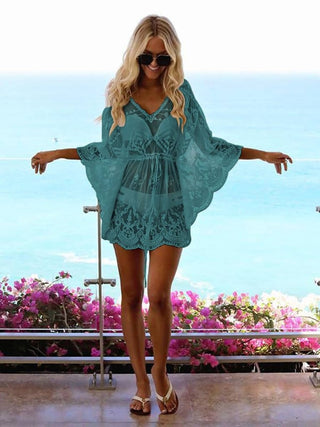 Casual V Neck Lace Mesh Beach Cover Up - Bsubseach