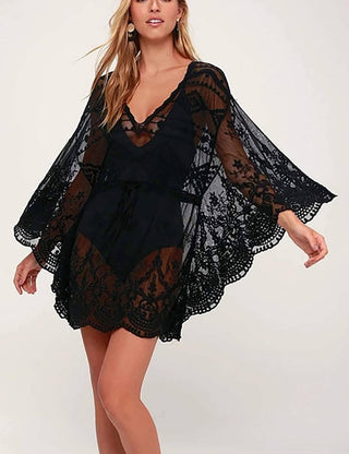 Casual V Neck Lace Mesh Beach Cover Up - Bsubseach