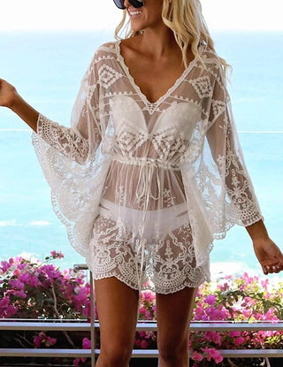 Casual V Neck Lace Mesh Beach Cover Up - Bsubseach