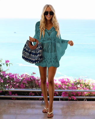 Casual V Neck Lace Mesh Beach Cover Up - Bsubseach