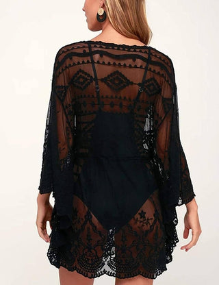 Casual V Neck Lace Mesh Beach Cover Up - Bsubseach