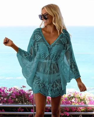 Casual V Neck Lace Mesh Beach Cover Up - Bsubseach