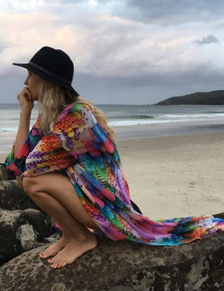 Colorful Feather Beach Long Kimono Swim Cover Up - Bsubseach