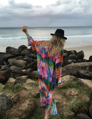 Colorful Feather Beach Long Kimono Swim Cover Up - Bsubseach