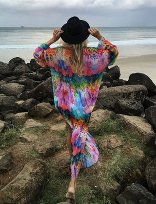 Colorful Feather Beach Long Kimono Swim Cover Up - Bsubseach