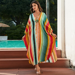 Colorful Striped Kaftan Dress Long Sleeve Cover - Up - Bsubseach