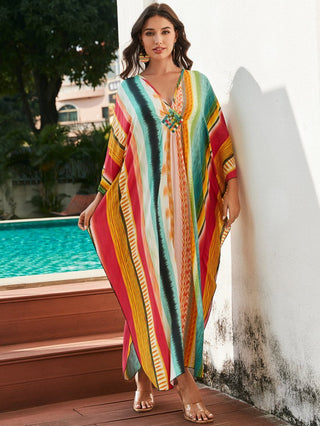 Colorful Striped Kaftan Dress Long Sleeve Cover - Up - Bsubseach