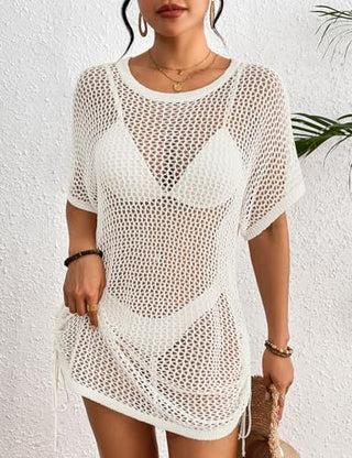 Crochet Hollow Suit Short Sleeve Cruise Outfits Vacation Dress - Bsubseach