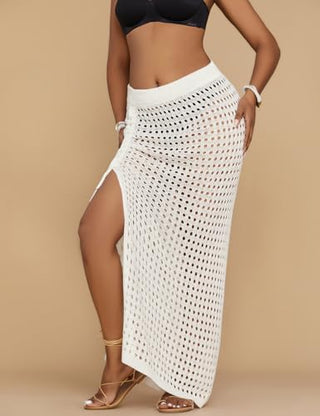 Crochet Skirt Knit Drawstring Long Elastic Waist Beach Wrap White Cover Up - Bsubseach