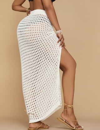 Crochet Skirt Knit Drawstring Long Elastic Waist Beach Wrap White Cover Up - Bsubseach