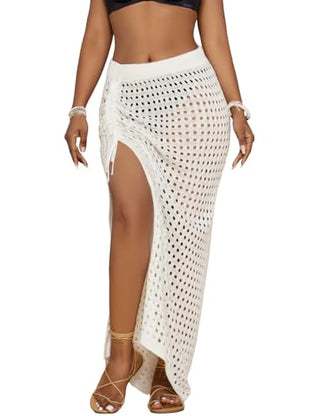 Crochet Skirt Knit Drawstring Long Elastic Waist Beach Wrap White Cover Up - Bsubseach