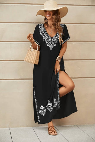 Curvy V - Neck Embroidered Kaftan - Bsubseach